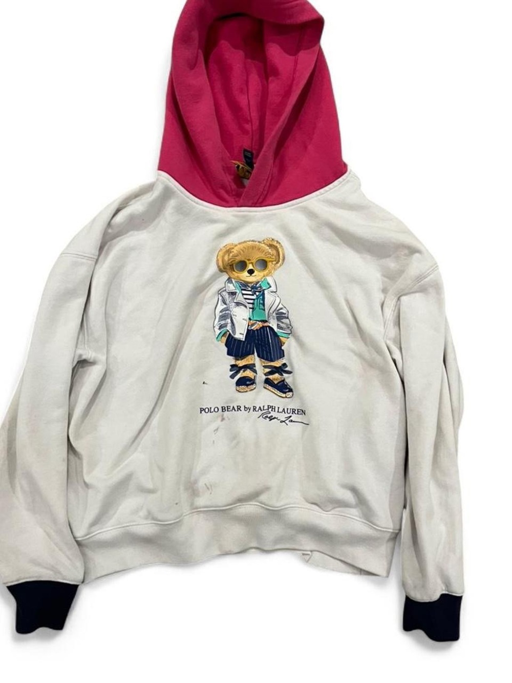 Ralph Lauren White Pullover Hoodie with Pink Hood & Bear Graphic